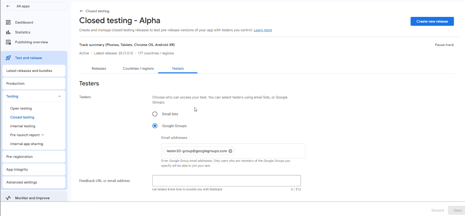 Google Play Console interface showing a closed testing track configuration with assigned tester email lists